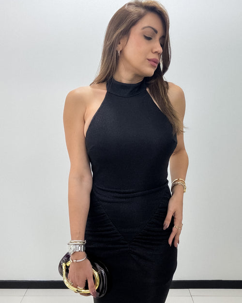 BLACK KNIT HALTER FORMAL DRESS