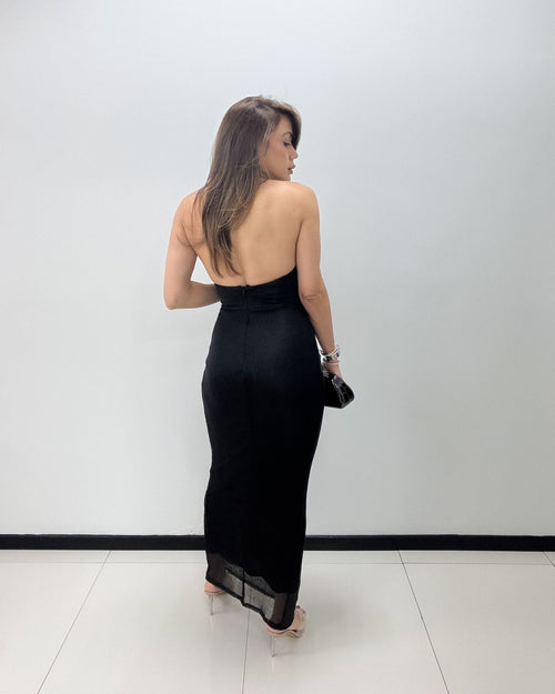 BLACK KNIT HALTER FORMAL DRESS
