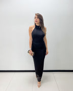 BLACK KNIT HALTER FORMAL DRESS