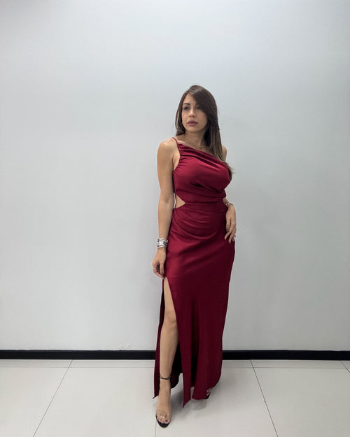 BURGUNDY SATIN ONE SHOULDER DRESS