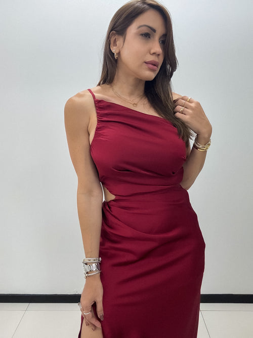 BURGUNDY SATIN ONE SHOULDER DRESS