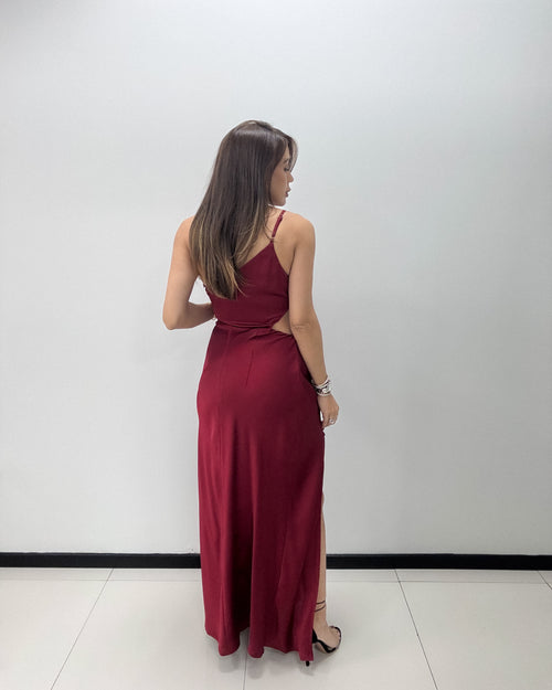 BURGUNDY SATIN ONE SHOULDER DRESS