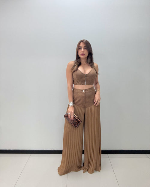 BROWN SUEDE PLEATED PANT SET