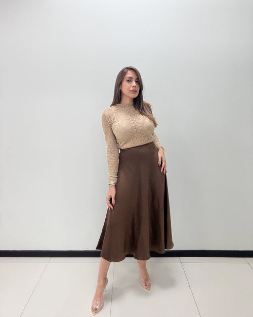 Espresso Satin Midi Skirt