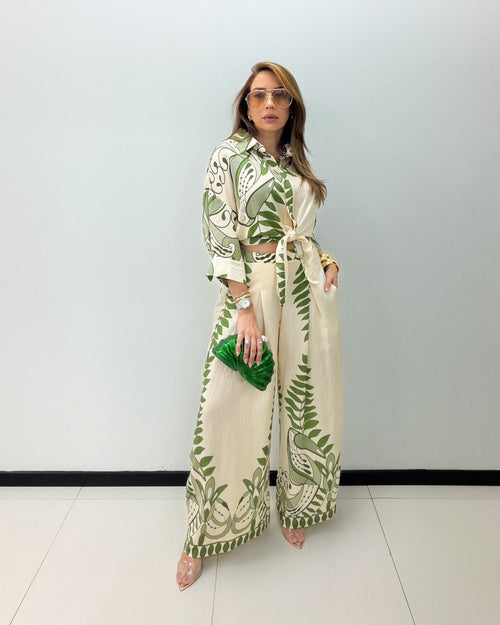 IVORY-GREEN PRINT PANT SET