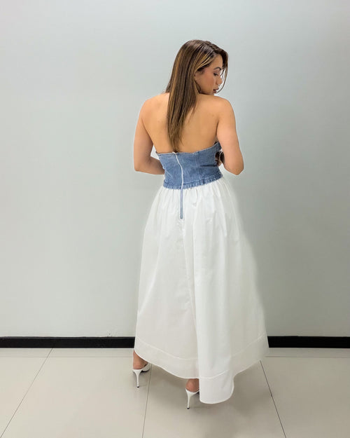 DENIM-WHITE MIDI DRESS