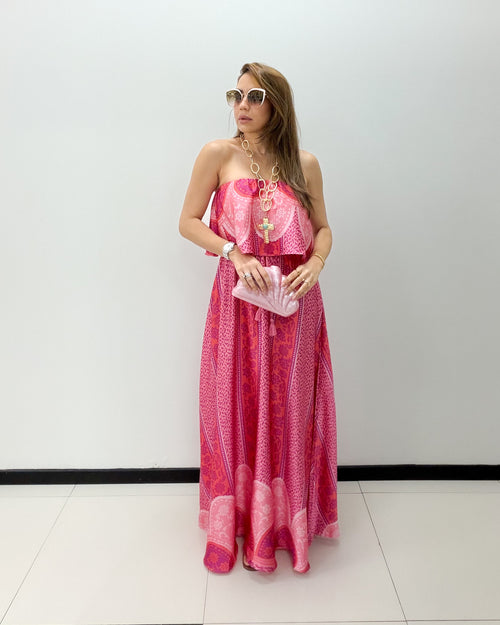 FUCHSIA PRINT TUBE MAXI DRESS
