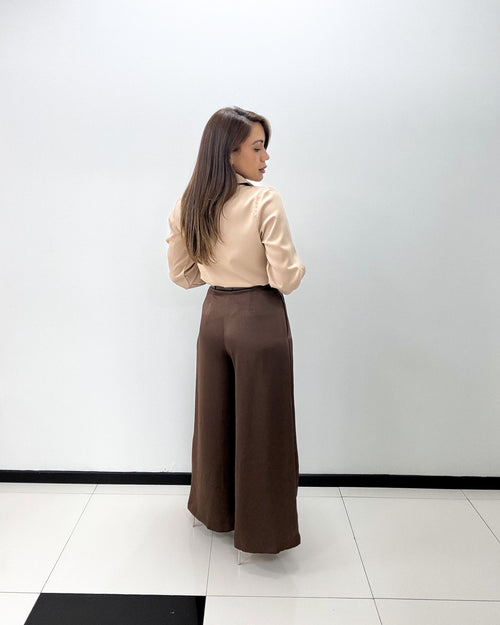 BROWN SATIN WIDE LEG PANT
