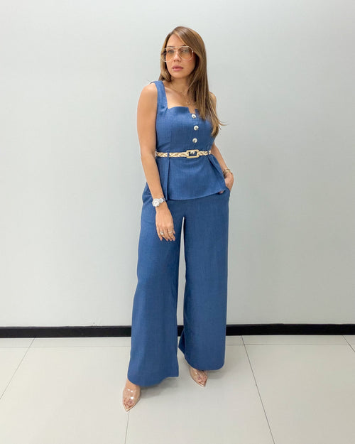 DENIM BELTED PEPLUM TOP W/PANT SET