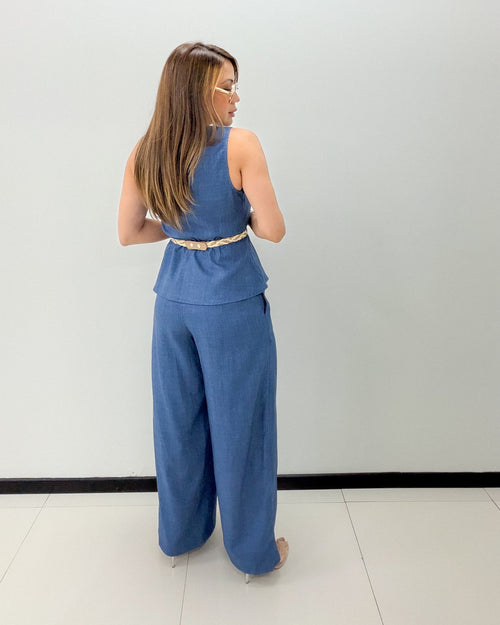 DENIM BELTED PEPLUM TOP W/PANT SET