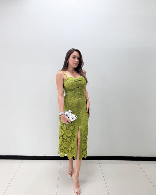 OLIVE LACE EMBROIDERED MIDI DRESS