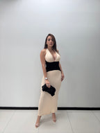 CREAM BLACK HALTER FORMAL DRESS