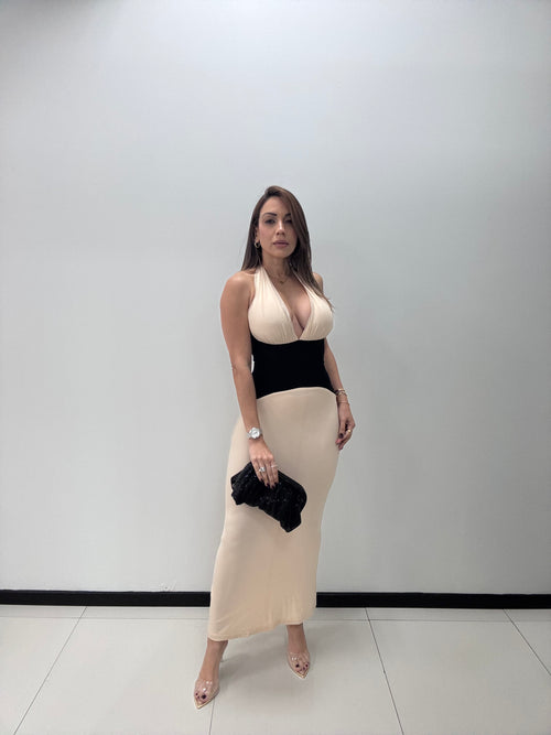 CREAM BLACK HALTER FORMAL DRESS