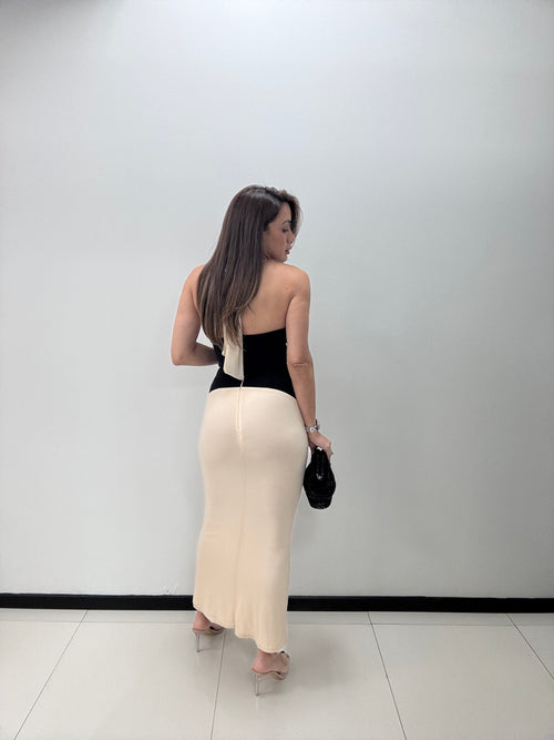 CREAM BLACK HALTER FORMAL DRESS