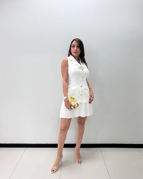 WHITE PLEATED BOTTOM DRESS