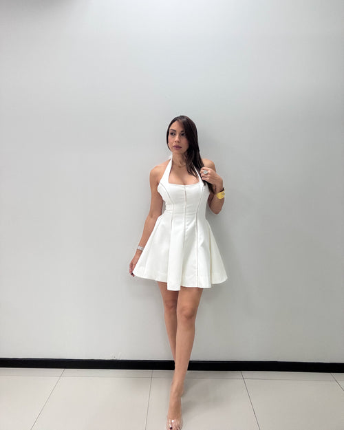 WHITE HALTER FLARE MINI DRESS