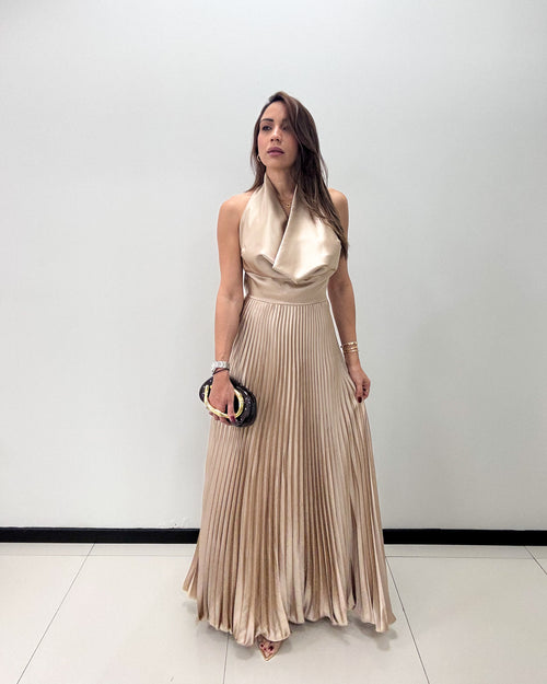 COWL NECK PLEATED BEIGE DRESS