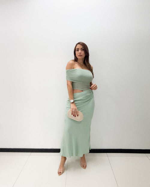 SAGE MESH/SATIN DRESS