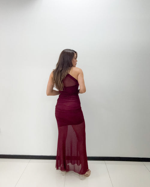 WINE ONE SHOULDER MESH DRESS