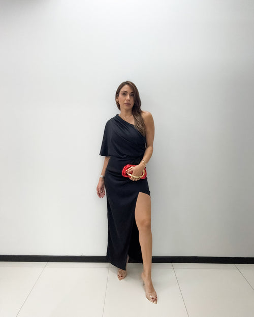 BLACK SATIN ONE SHOULDER DRESS
