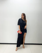 BLACK SATIN ONE SHOULDER DRESS