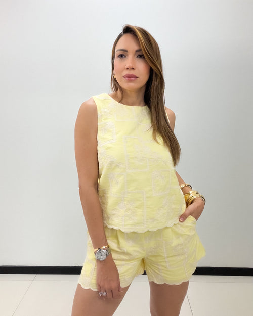 YELLOW EMBROIDERED SHORT SET