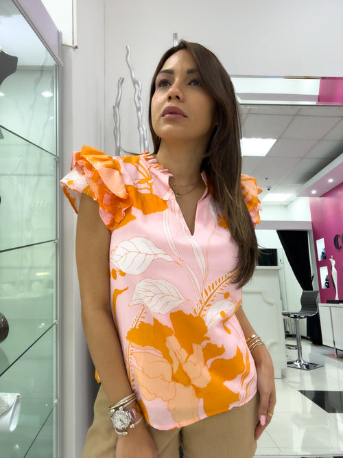 PINK ORANGE RUFFLE BLOUSE