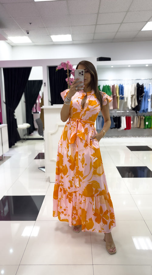 PINK ORANGE PRINT MIDI DRESS