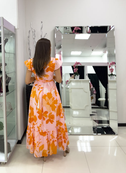 PINK ORANGE PRINT MIDI DRESS