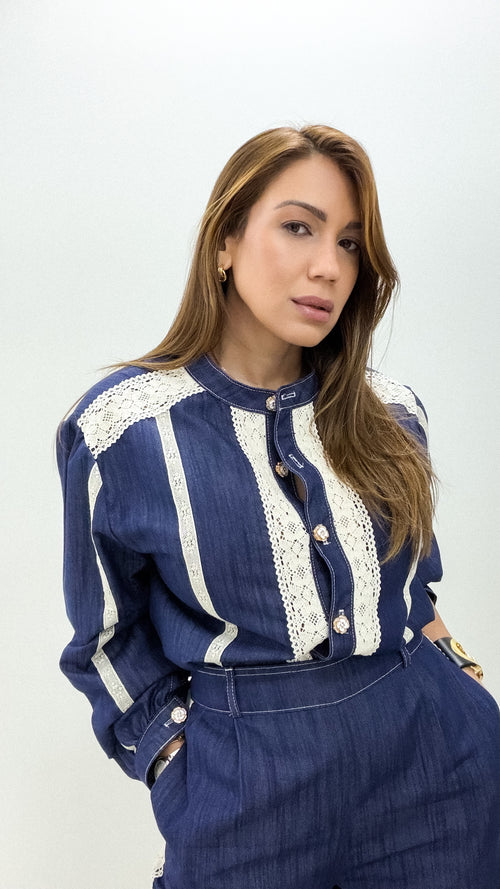 DENIM LACE PANT SET