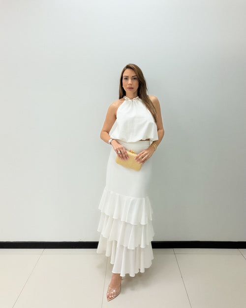 TRIMED HALTER TOP W/ RUFFLE SKIRT SET