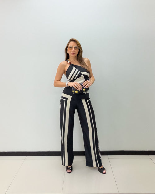 BLACK-IVORY STRIPE PANT SET