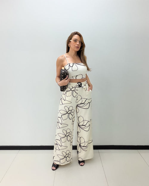 BLACK IVORY LINEN PANT SET