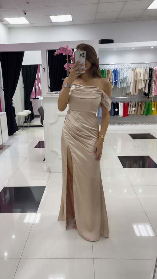 CHAMPAGNE SATIN FORMAL DRESS