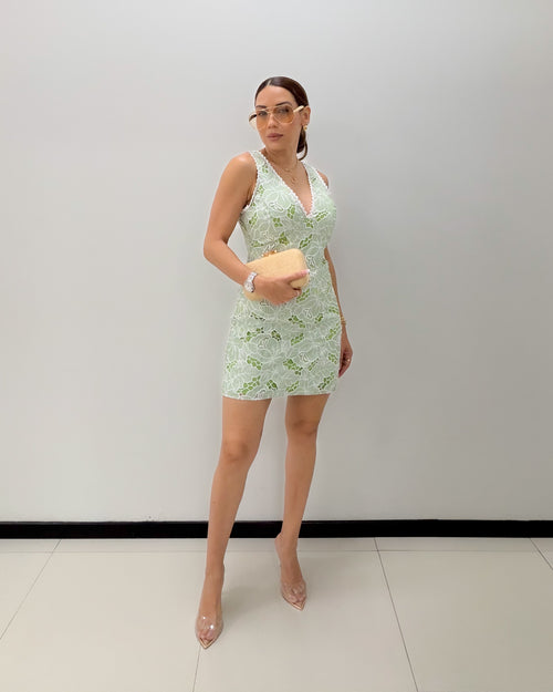 GREEN EYELET MINI DRESS