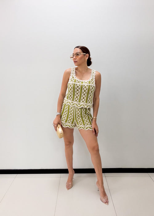 GREEN IVORY CROCHET SHORT SET