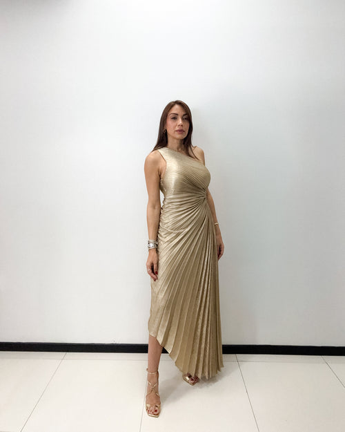 METALLIC PLEATED DRESS