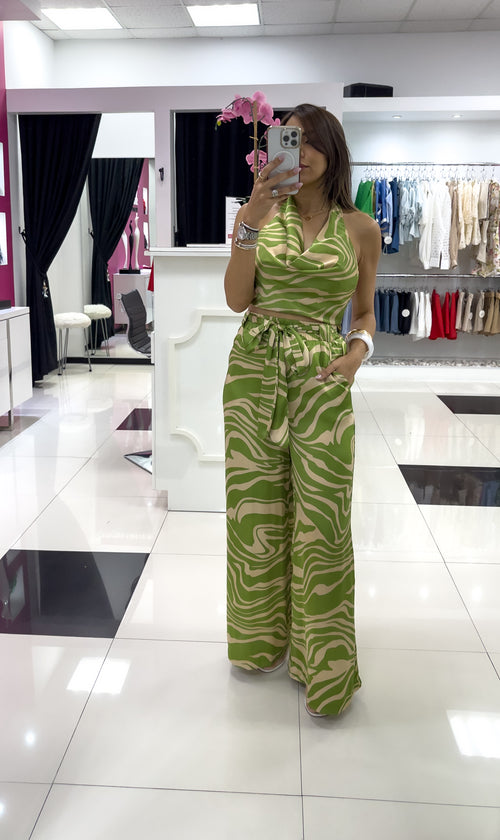 GREEN PRINT SATIN PANT SET