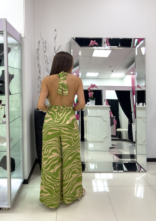 GREEN PRINT SATIN PANT SET