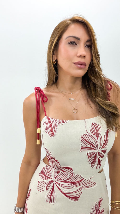 NATURAL-RED EMBROIDERED MIDI DRESS
