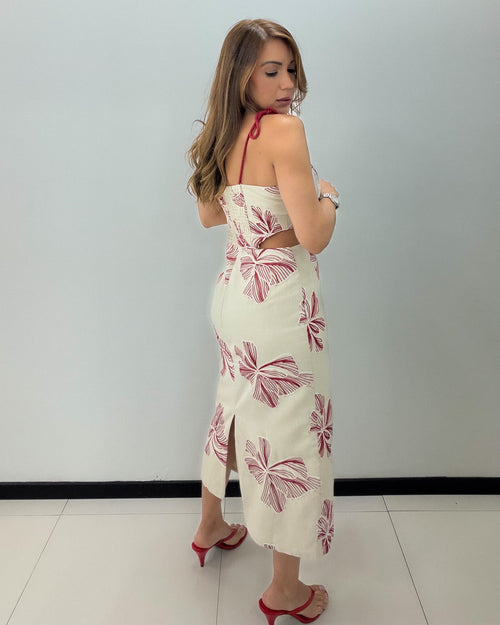 NATURAL-RED EMBROIDERED MIDI DRESS