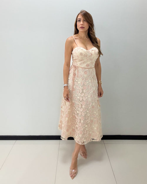 PINK EMBROIDERED MIDI DRESS