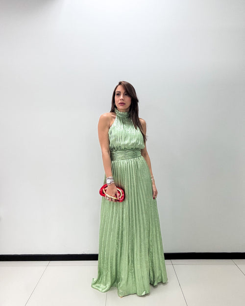 SAGE SATIN PLEATED HALTER MIDI DRESS