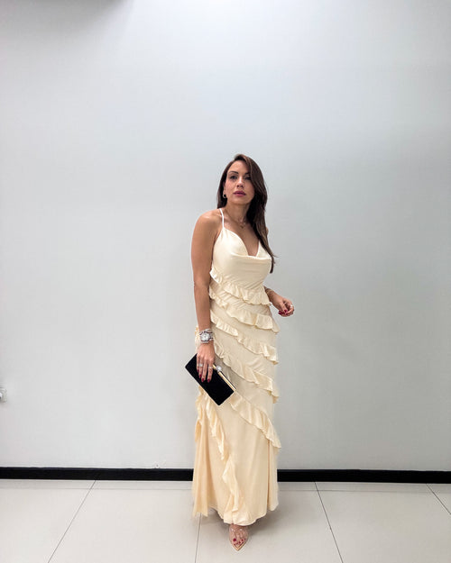 CREAM SATIN RUFFLE MAXI DRESS