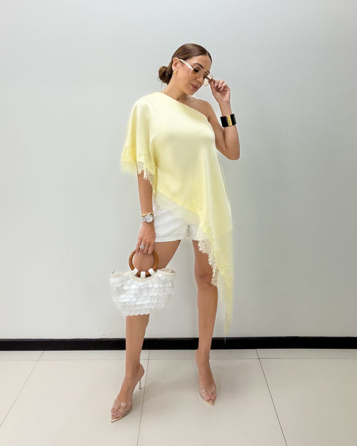YELLOW SATIN ASYMMETRICAL BLOUSE