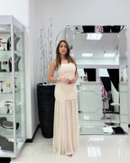 IVORY RUCHED MESH HALTER DRESS