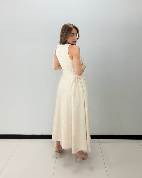 CREAM FLOWER DETAILS DRESS