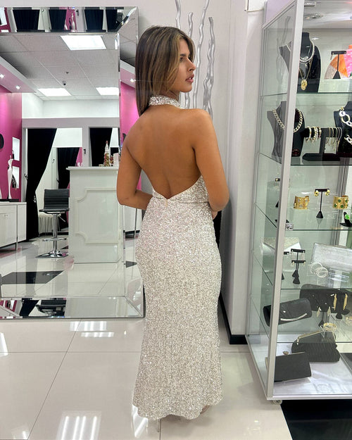 SILVER HALTER SEQUINS DRESS