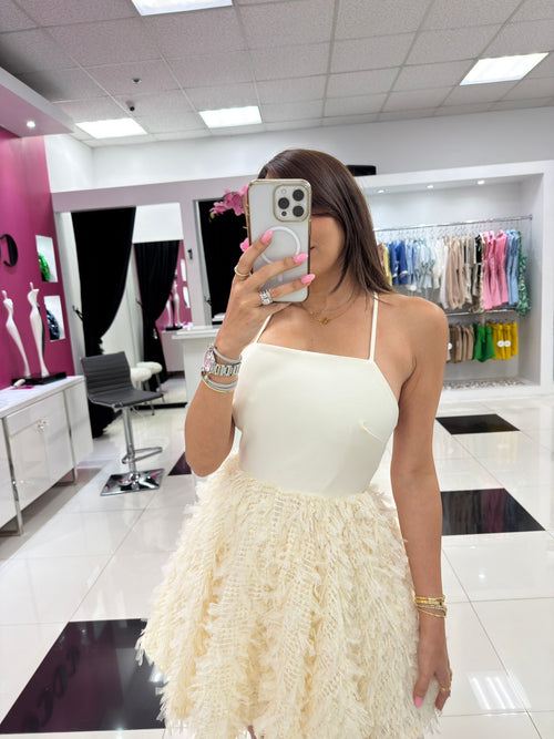 CREAM FEATHER MINI DRESS