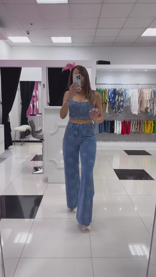 FLOWER DETAILS DENIM PANT SET